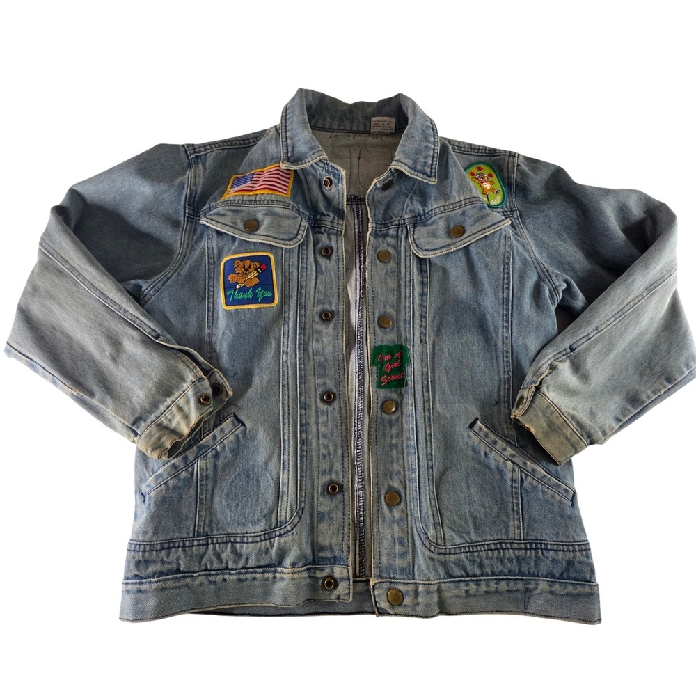 Vintage Girl Scout Patch Denim Trucker Jacket Light Wash Snap Front Large 16 90s